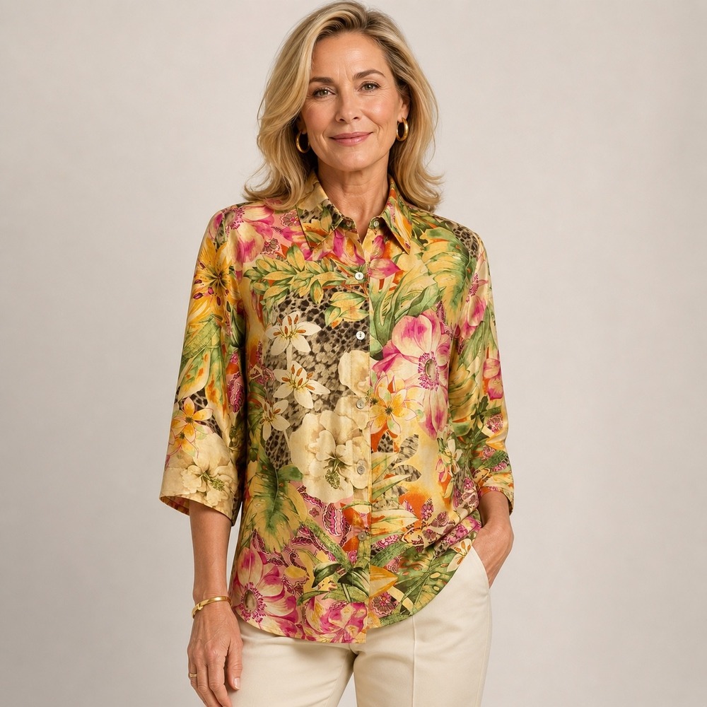 Vintage C.l.o.t.h.e.s. Silk Blouse M Multicolor Tropical Floral Animal PrintY2K